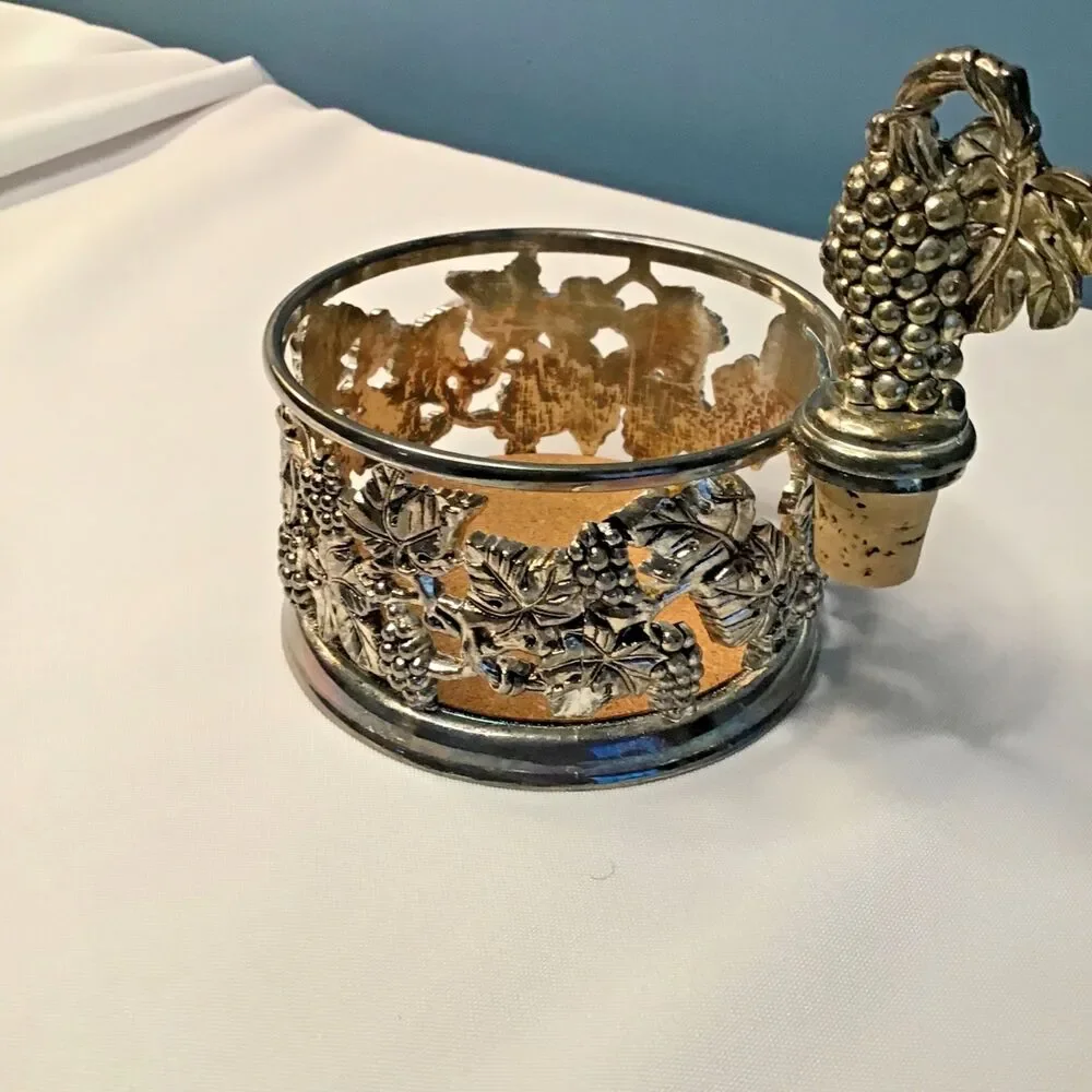 Godinger Silverplate Grape Vine Design Wine Bottle Coaster Holder With Cork Stop